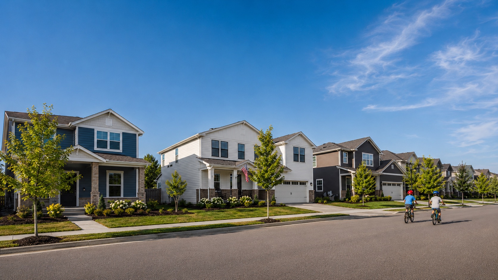 Residential community street with homes
